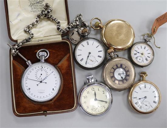 Assorted pocket watches and a stopwatch.